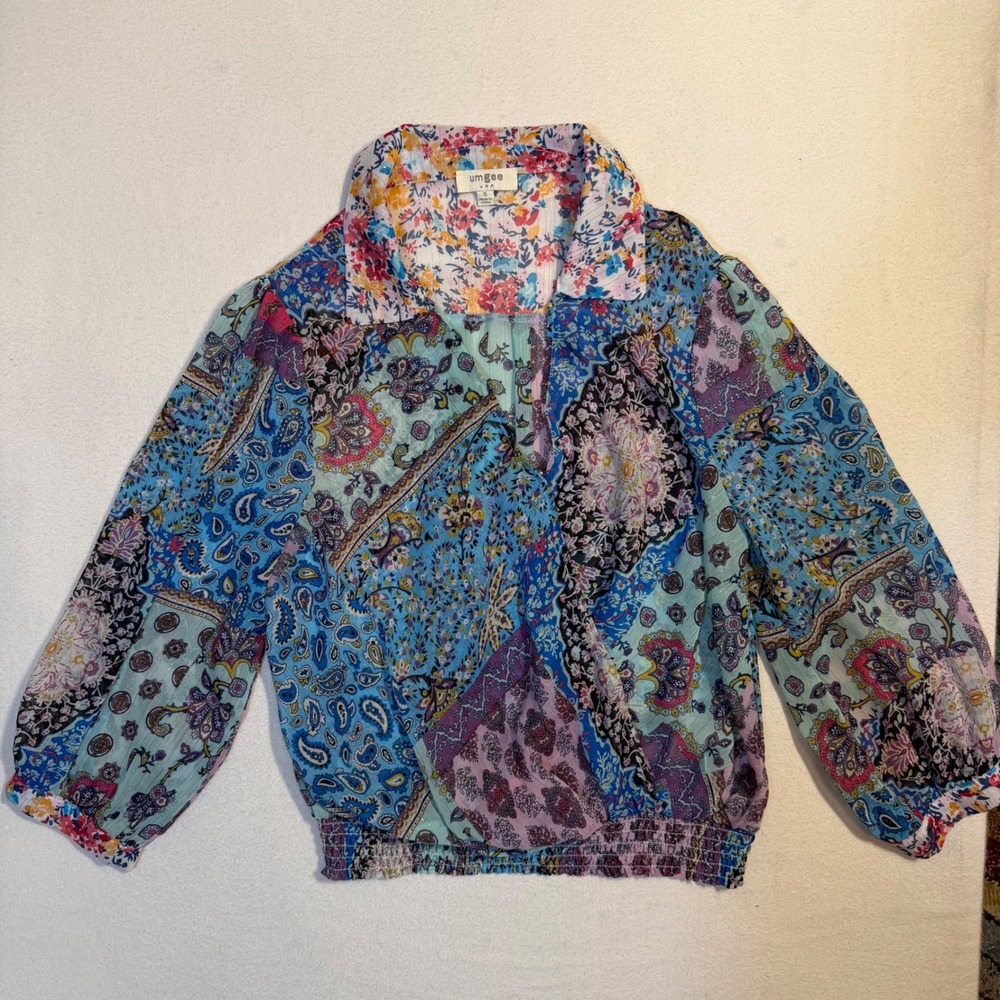 Umgee Mixed Paisley Floral Patchwork Blouse Blue Pink Smocked Waist S K6774
